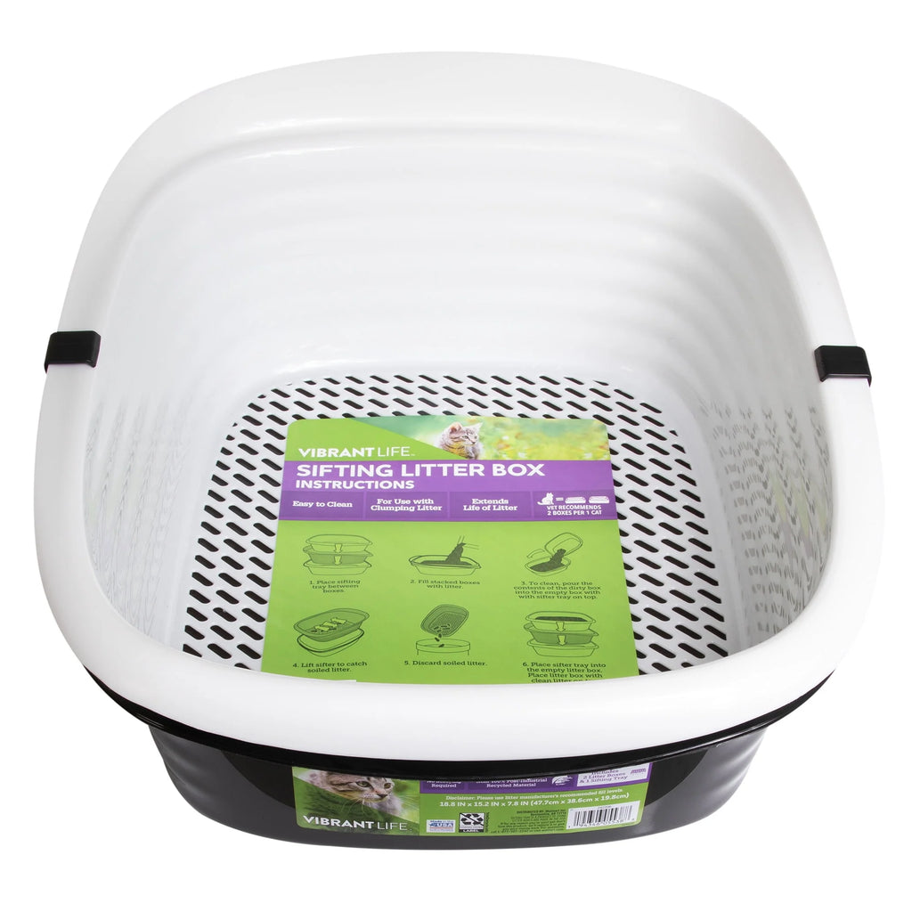 2 Open Top Plastic Cat Litter Pans and Tray, Large, Black P802243