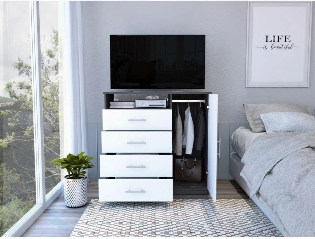 Smokey Oak/White 4 Drawer Dresser with Cabinet and Open Shelf R4826