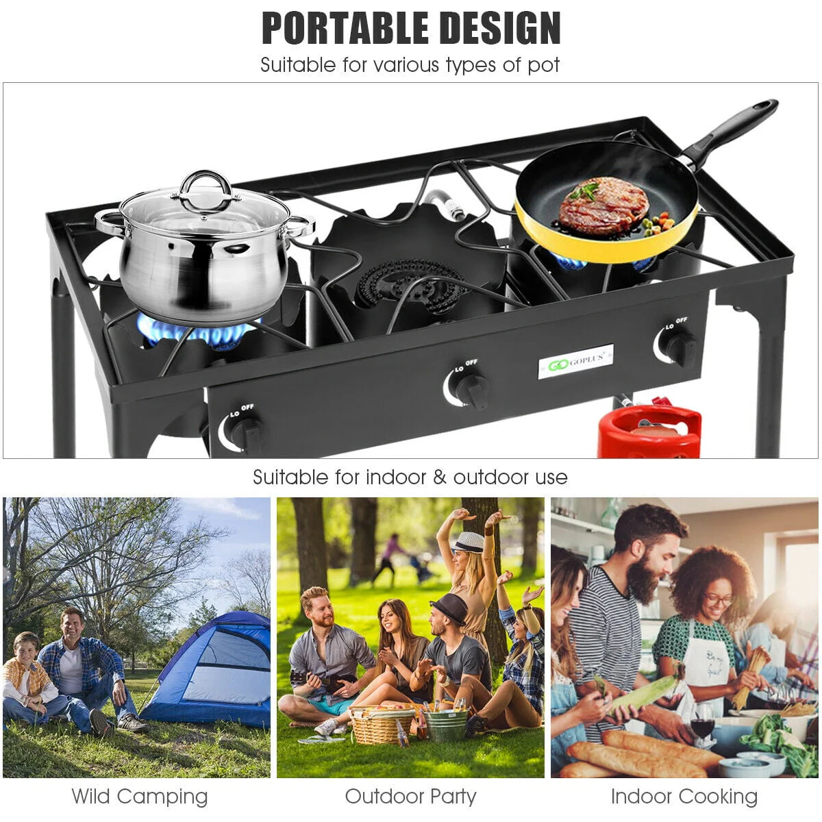 Portable Propane 3 Burner Gas Cooker Outdoor Camp Stove K239