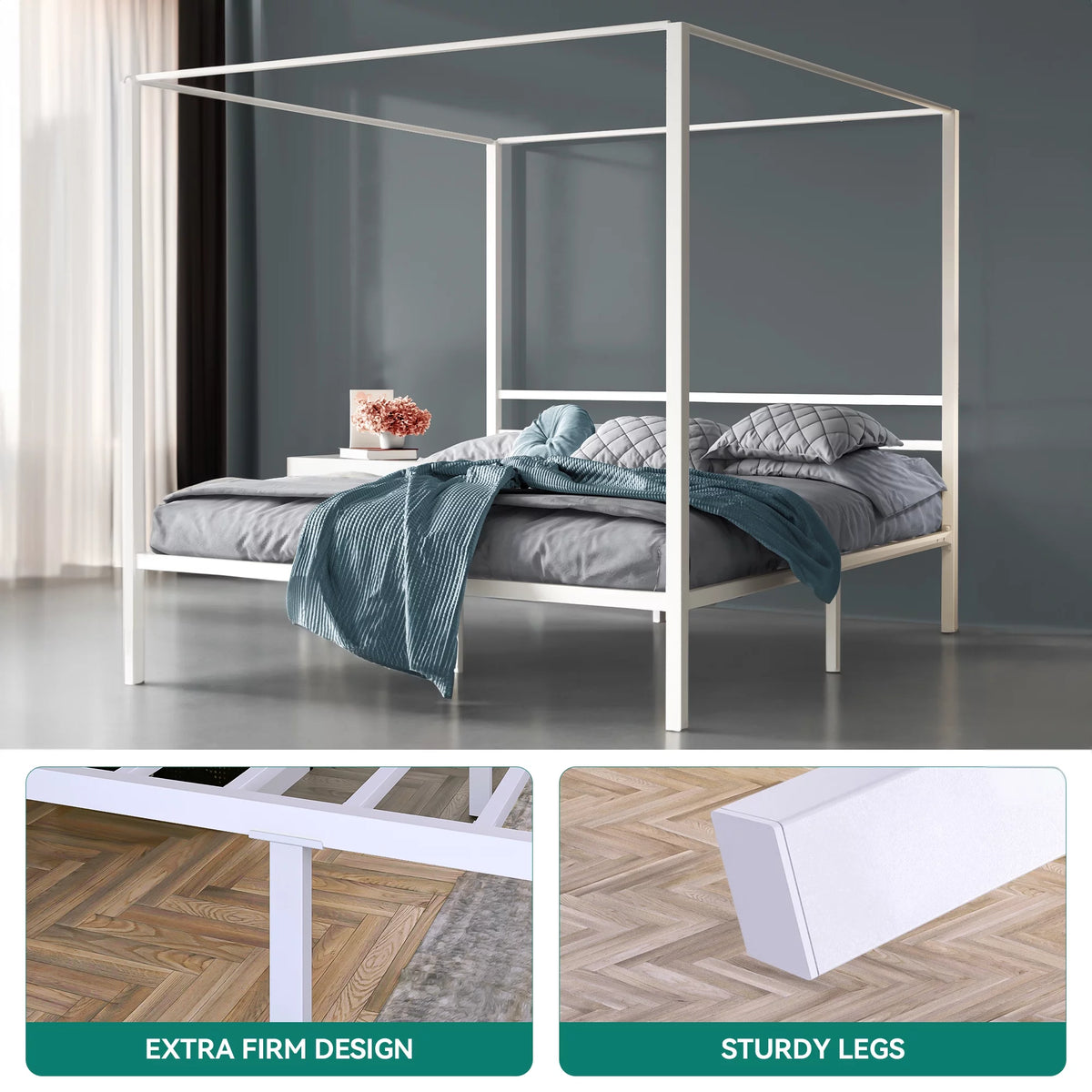 White 14 Inch Metal Canopy Platform Bed Frame with Headboard Twin Size R7489