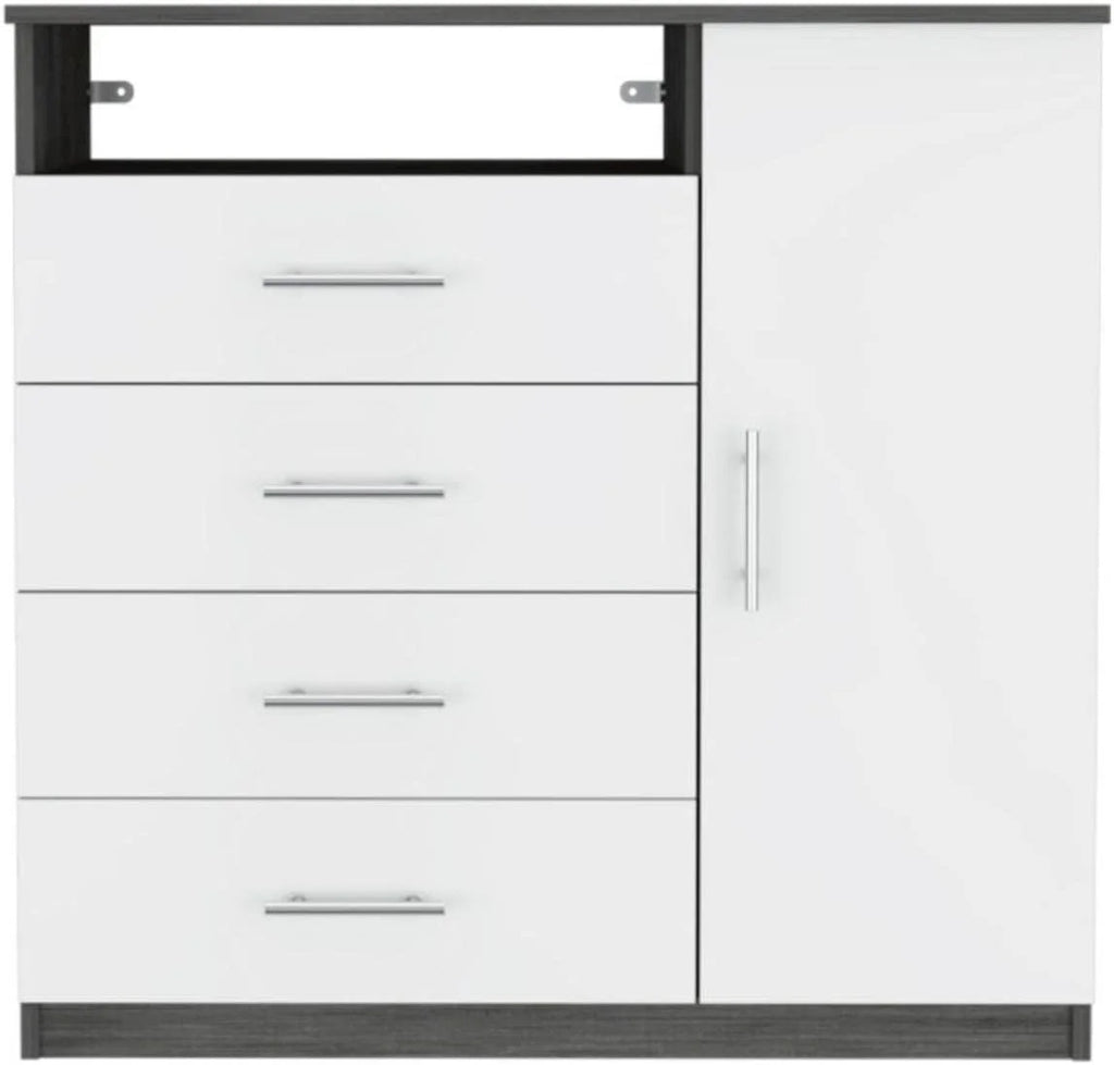 Smokey Oak/White 4 Drawer Dresser with Cabinet and Open Shelf R4826