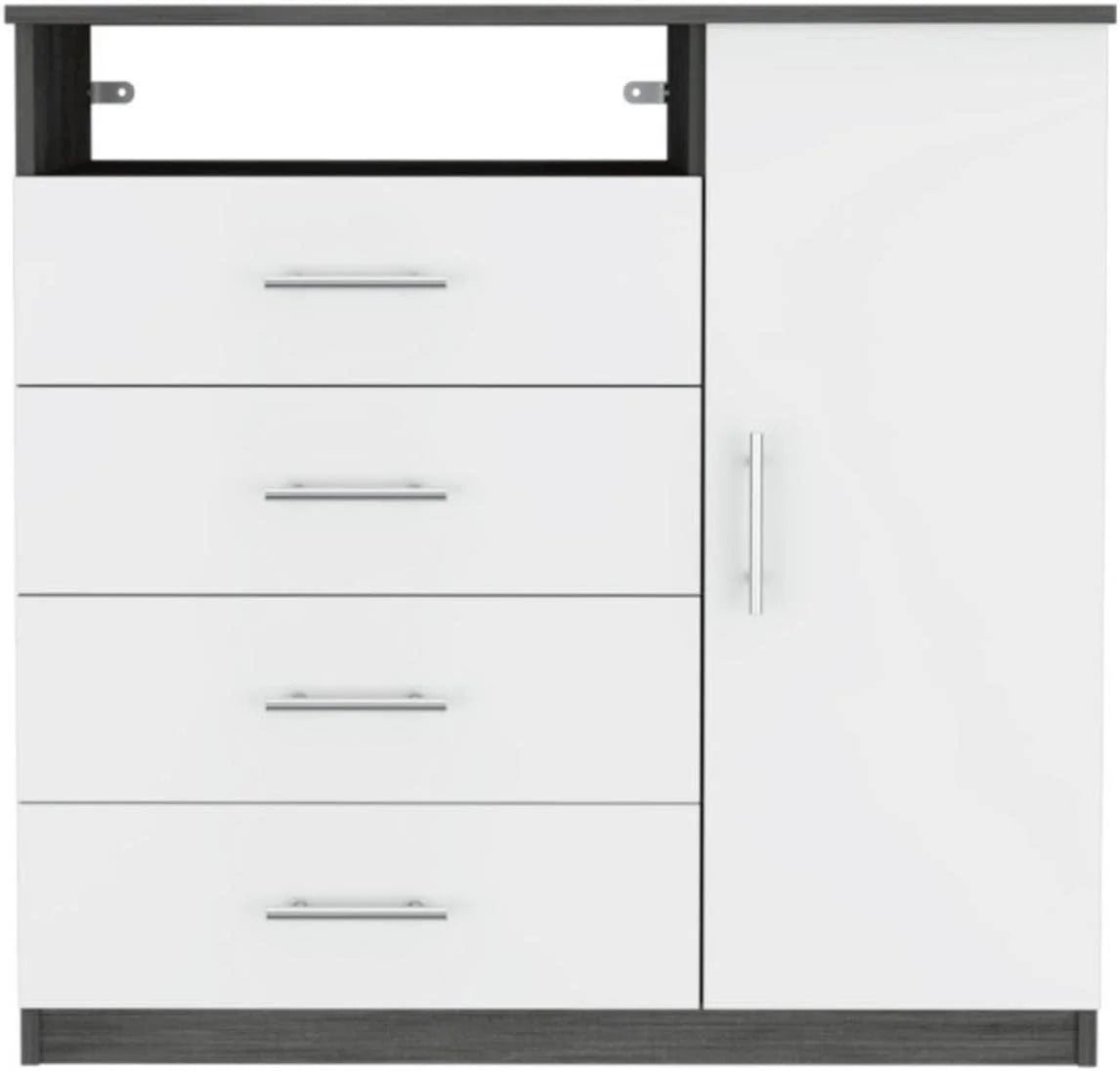 Smokey Oak/White 4 Drawer Dresser with Cabinet and Open Shelf R4826