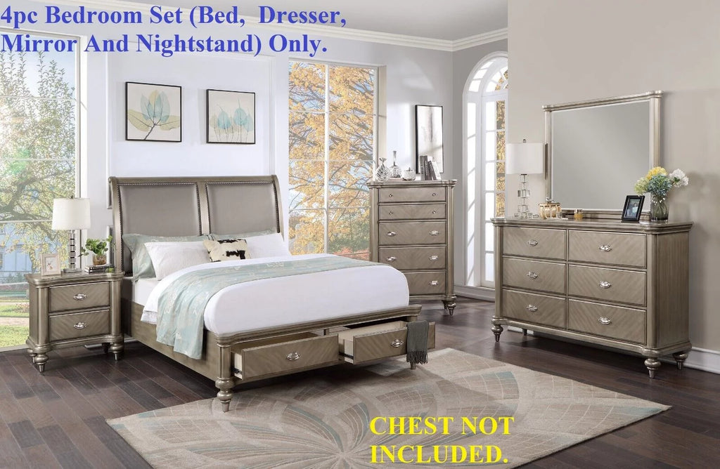 California King Size 4p Bedroom Furniture Set with Dresser Mirror Nightstand J827