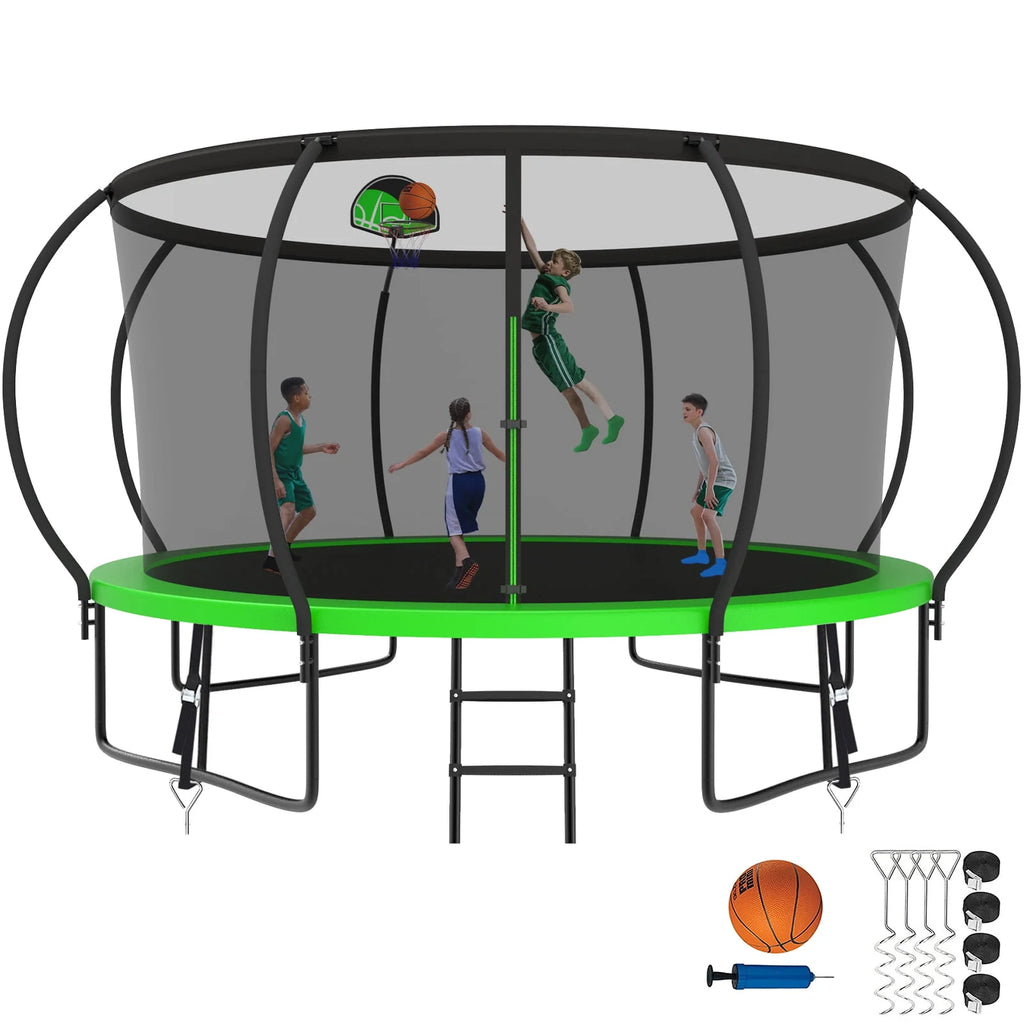12FT 14FT Trampoline with Enclosure, Basketball Hoop, Light, Sprinkler, Socks, Wind Stakes I2703