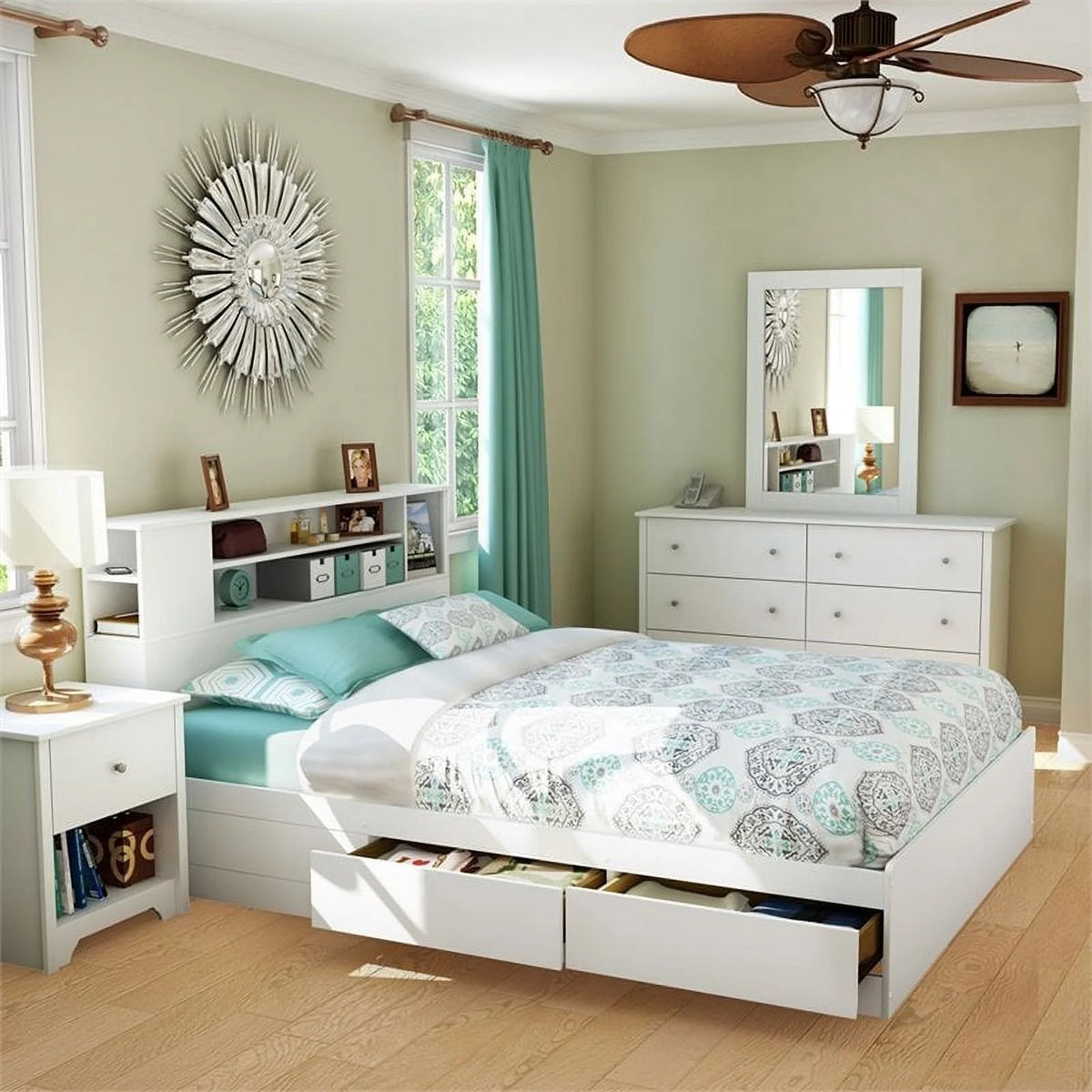 Queen Wood Bookcase Storage Bed F6053