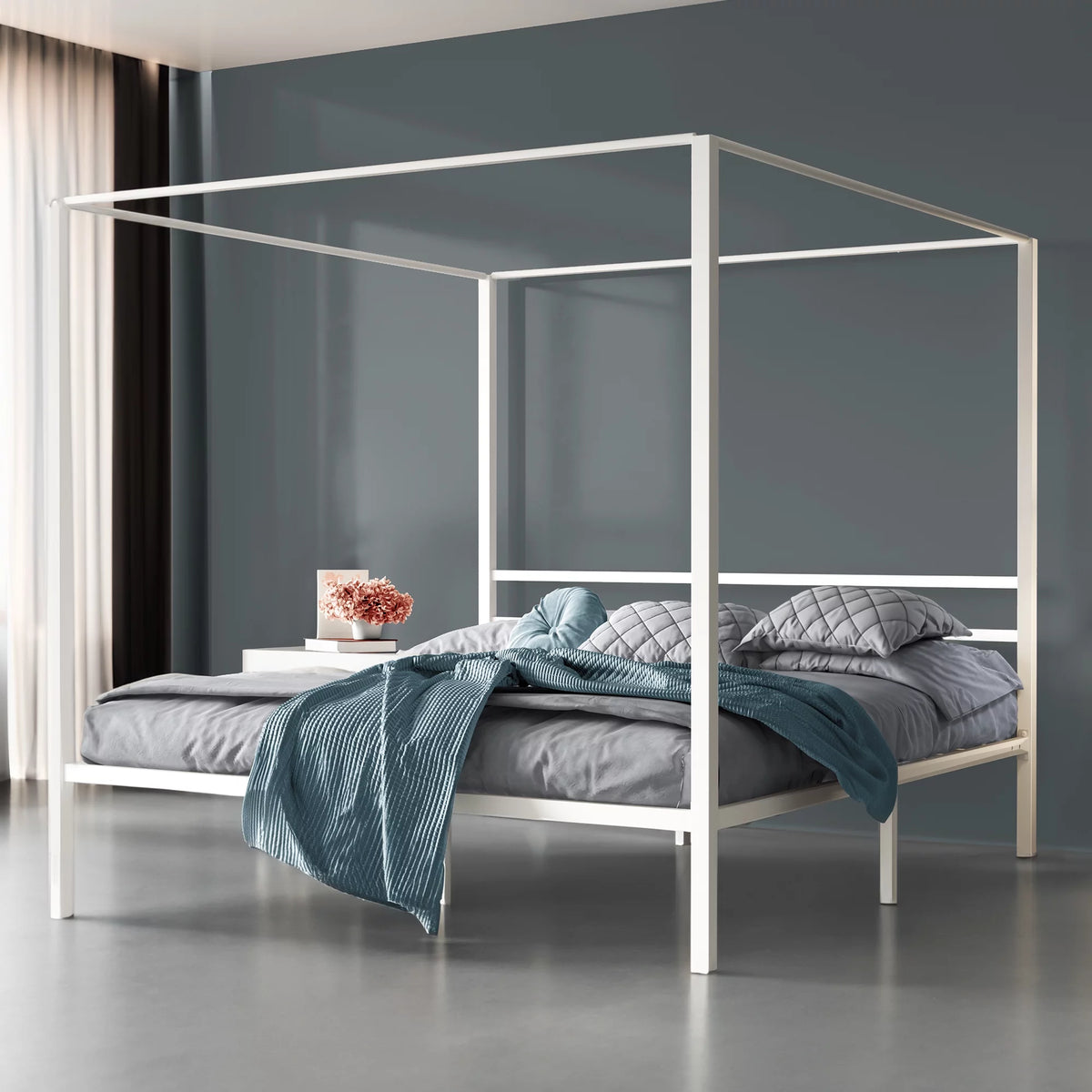 White 14 Inch Metal Canopy Platform Bed Frame with Headboard Twin Size R7489