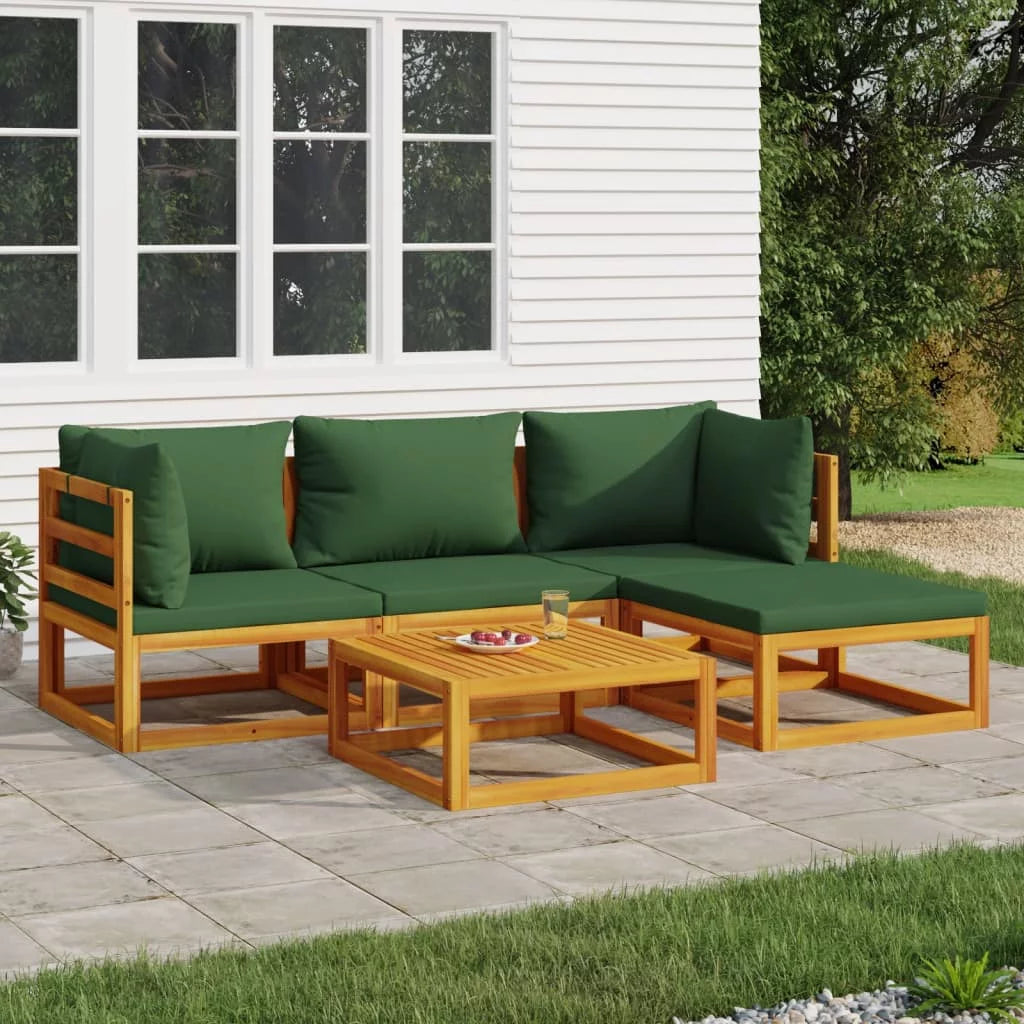 5 Piece Patio Set with Green Cushions Solid Wood I31152