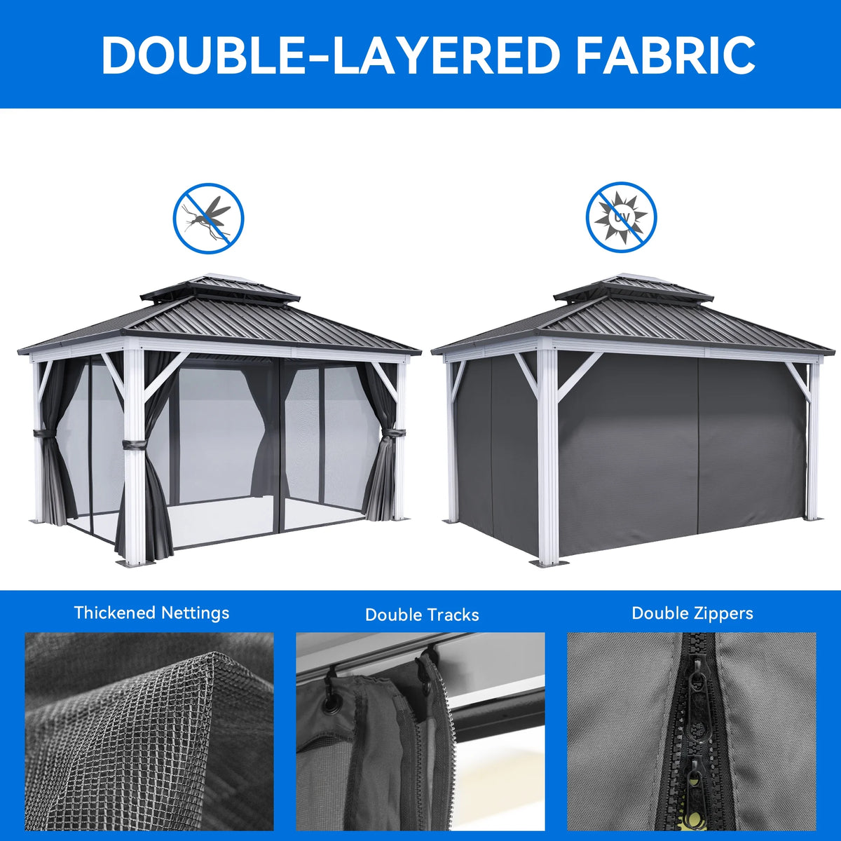 10x12ft Double Roof Hardtop Gazebo with Netting and Curtains Y65813