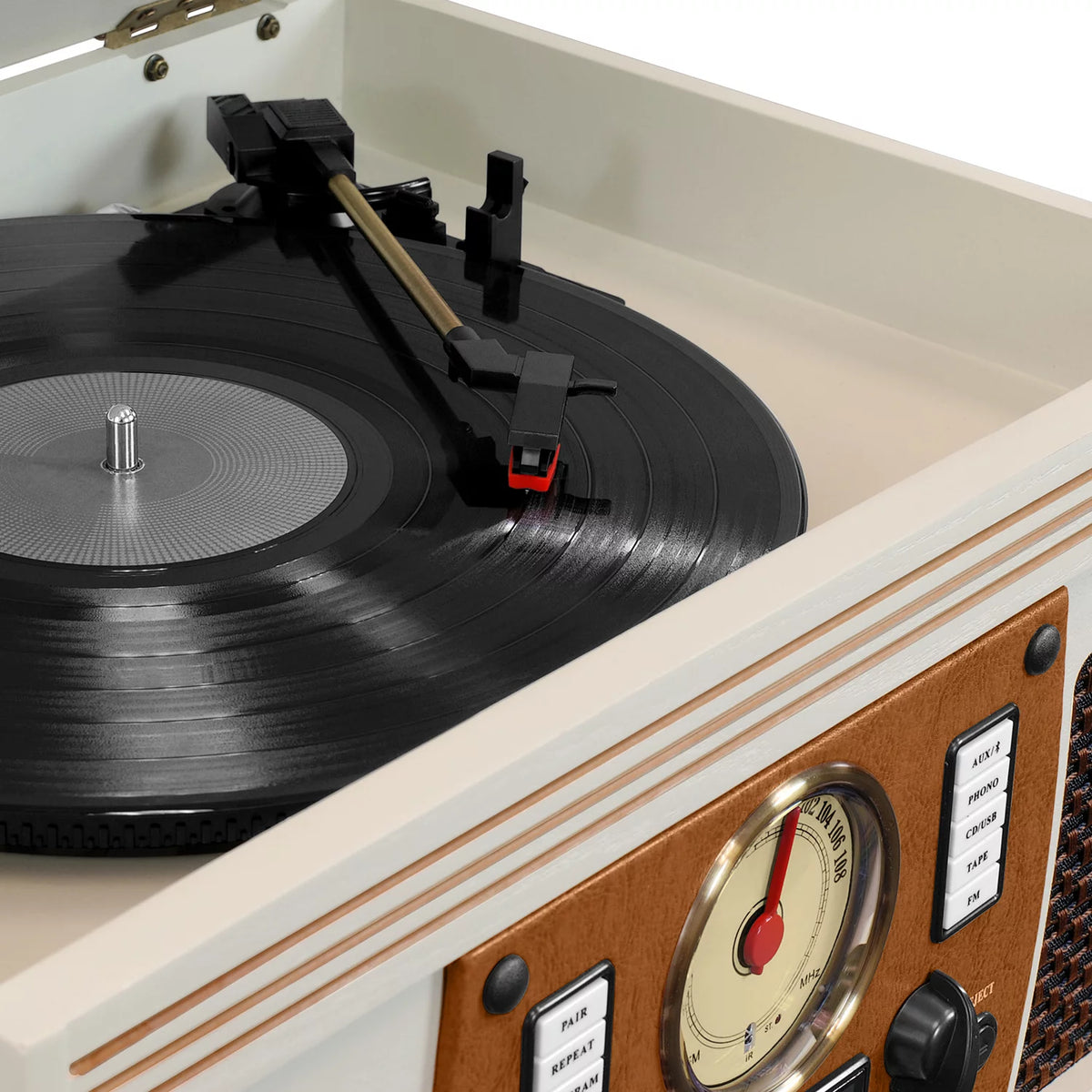 Wood 8-in-1 Bluetooth Record Player with USB Encoding and 3-speed Turntable - White V568
