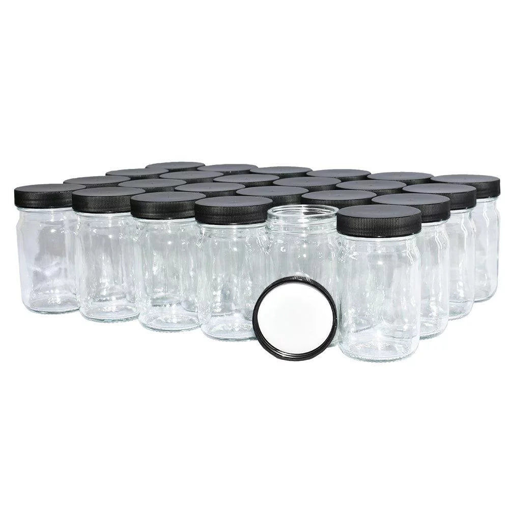 24 Pack 4 oz Clear Glass Jar with Black Plastic Cap Y962767